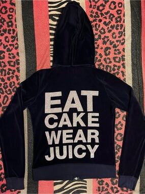 Vintage Juicy Couture navy blue velour Eat Cake Wear Juicy track jacket